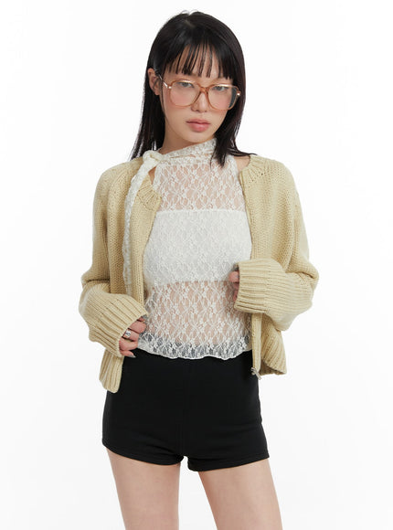 crew-neck-zip-up-knit-cardigan-if423 / Beige