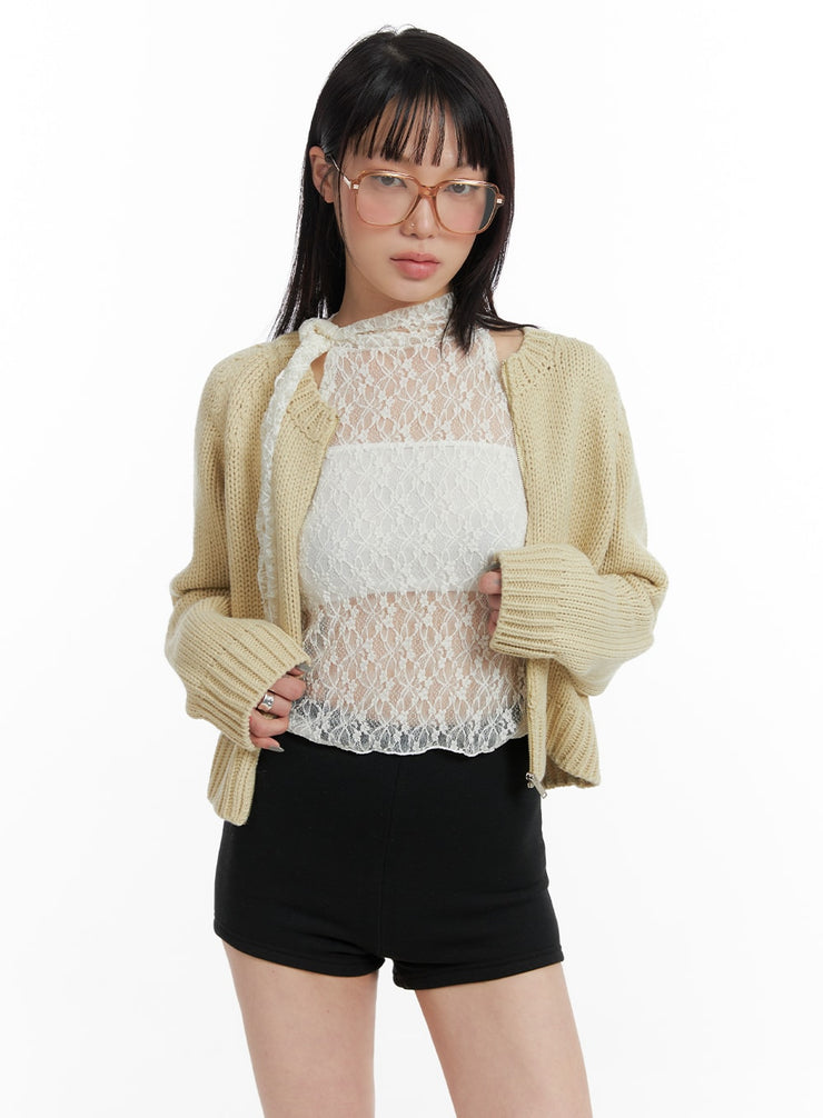 crew-neck-zip-up-knit-cardigan-if423 / Beige