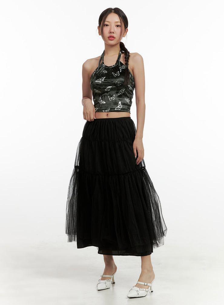 mesh-layered-maxi-skirt-ou403 / Black