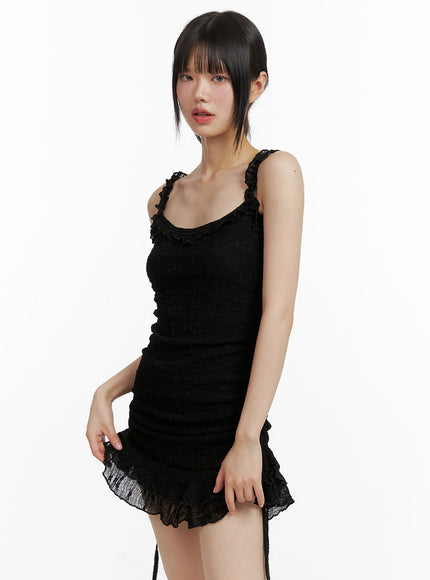 lace-trimmed-shirred-mini-dress-cl403 / Black