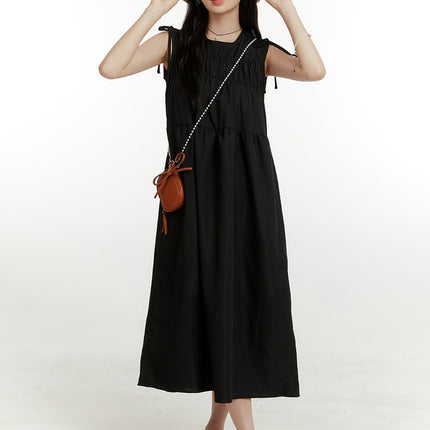 ribboned-shirred-maxi-dress-ou419 / Black