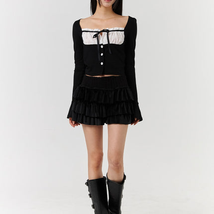 velvet-mid-waist-ruffle-mini-skirt-cd322 / Black