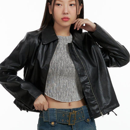 collar-zip-up-faux-leather-jacket-ol408 / Black