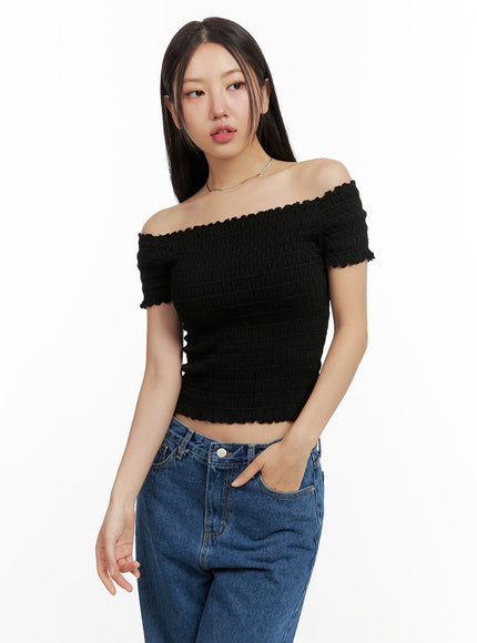 off-shoulder-smocked-crop-top-ou407 / Black