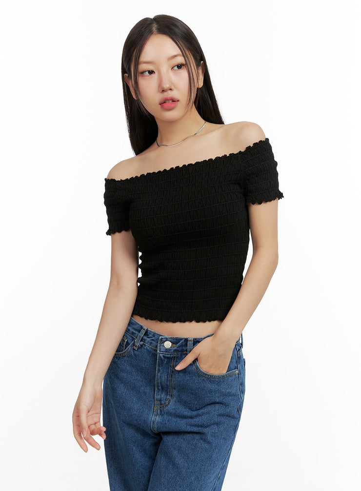 off-shoulder-smocked-crop-top-ou407 / Black