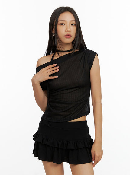 one-shoulder-crop-top-with-thin-scarf-set-il409 / Black