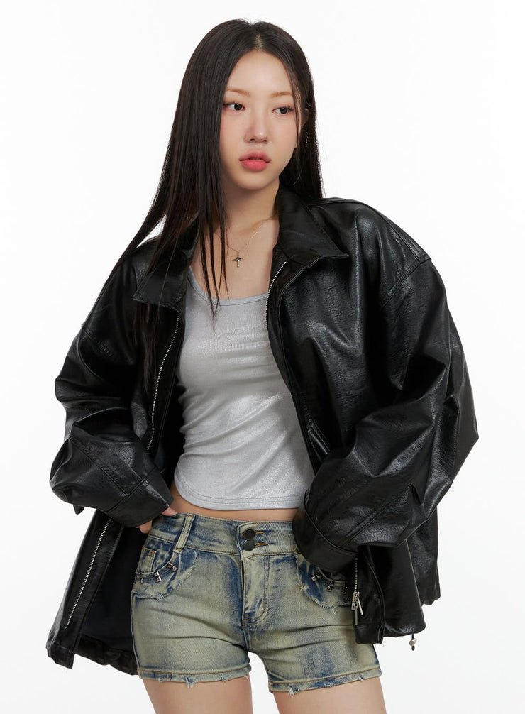 oversize-zip-up-faux-leather-jacket-ol408 / Black