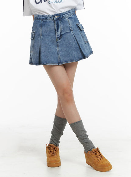 pleated-denim-cargo-mini-skirt-om418 / Blue