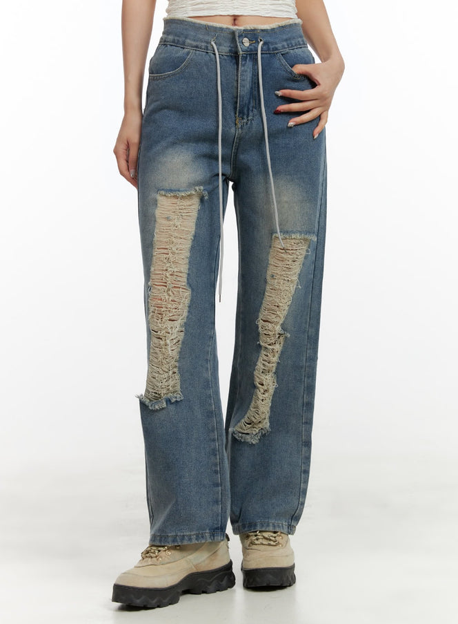 distressed-string-denim-jeans-ou404 / Blue