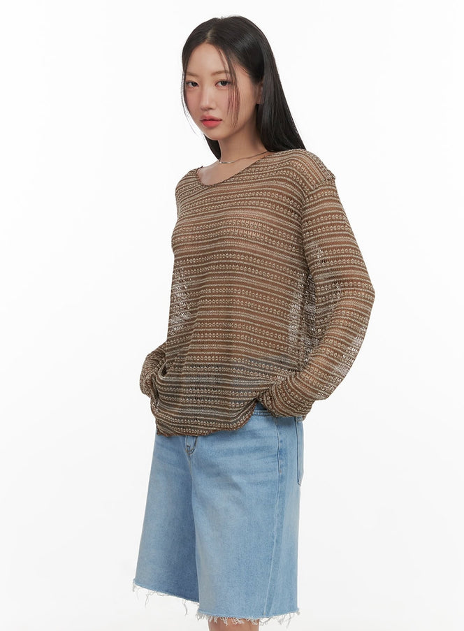 sheer-stripe-long-sleeve-top-cy420 / Brown