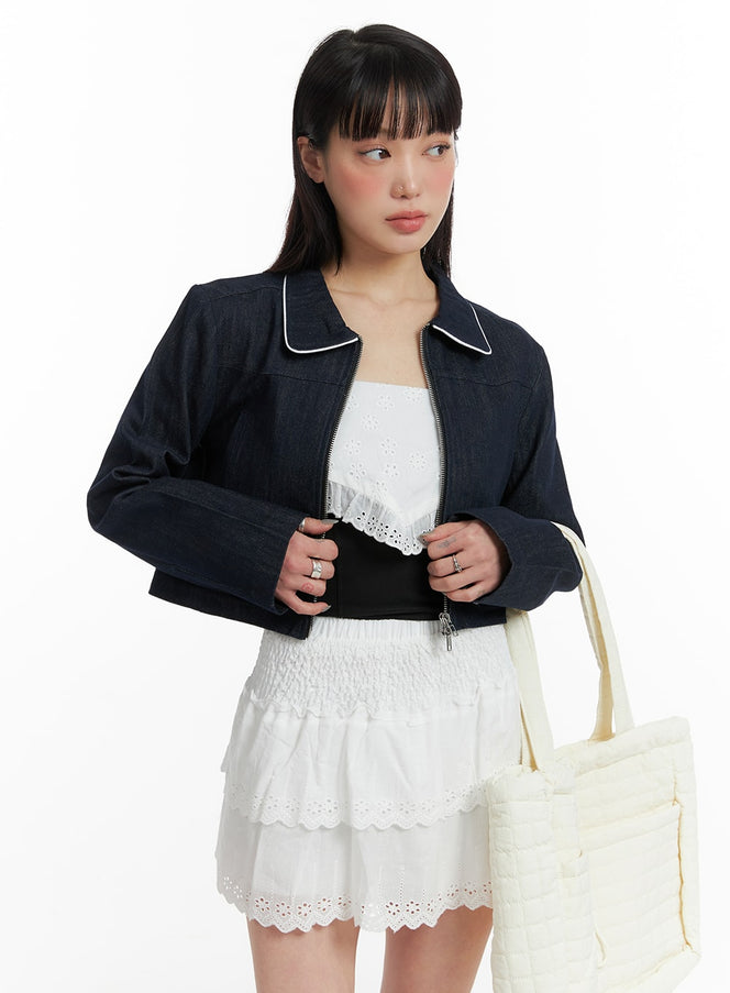 zip-up-crop-denim-jacket-if423 / Dark blue