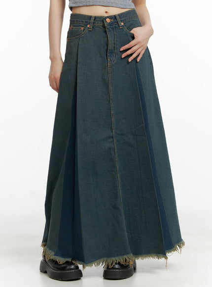 distressed-hem-denim-maxi-skirt-cl403 / Dark blue