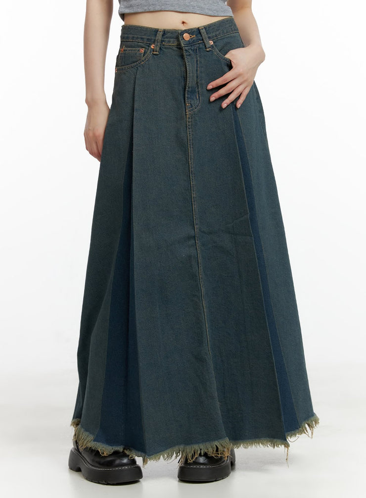 distressed-hem-denim-maxi-skirt-cl403 / Dark blue