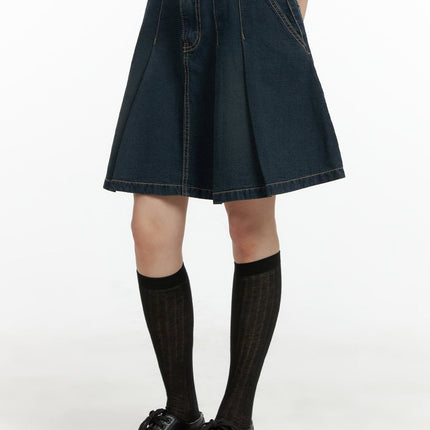 stitch-detail-denim-pleated-midi-skirt-cl403 / Dark blue