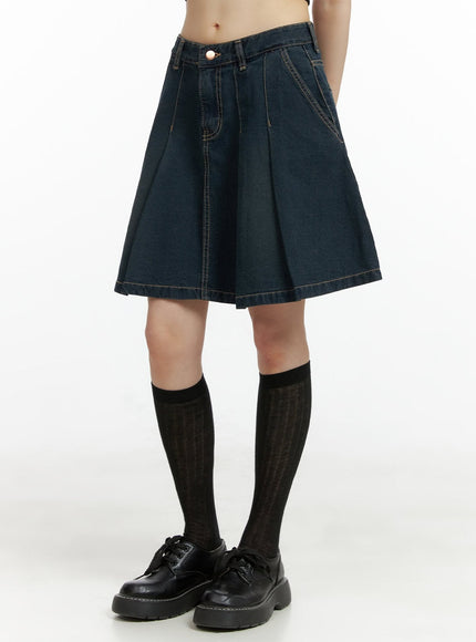 stitch-detail-denim-pleated-midi-skirt-cl403 / Dark blue