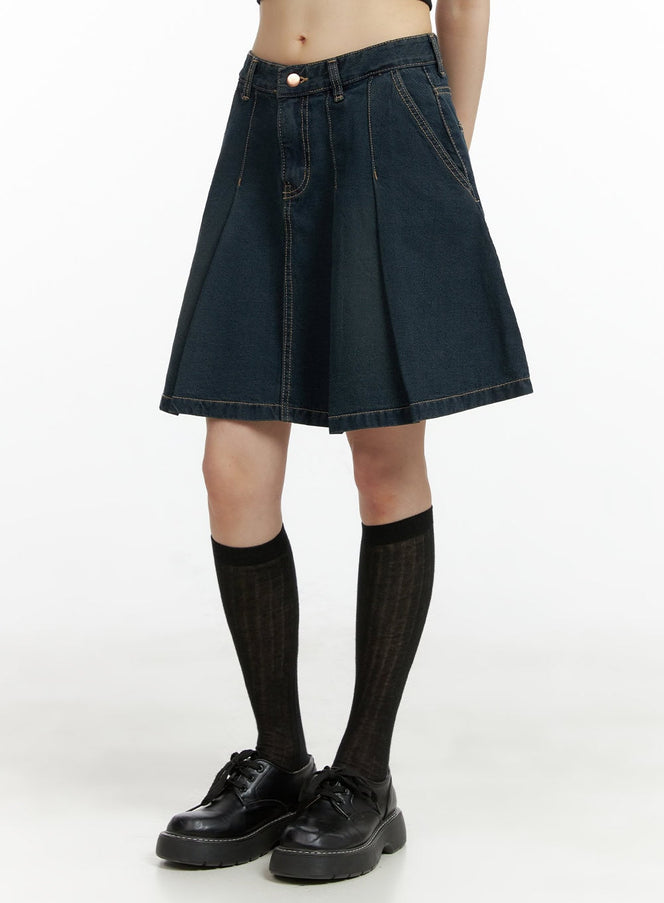 stitch-detail-denim-pleated-midi-skirt-cl403 / Dark blue