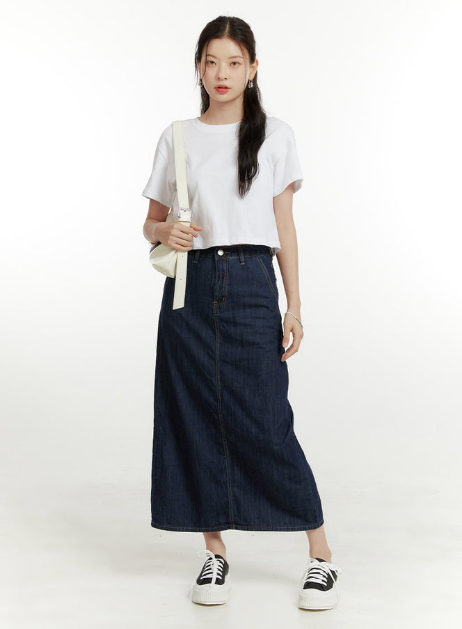 solid-denim-maxi-skirt-ou419 / Dark blue