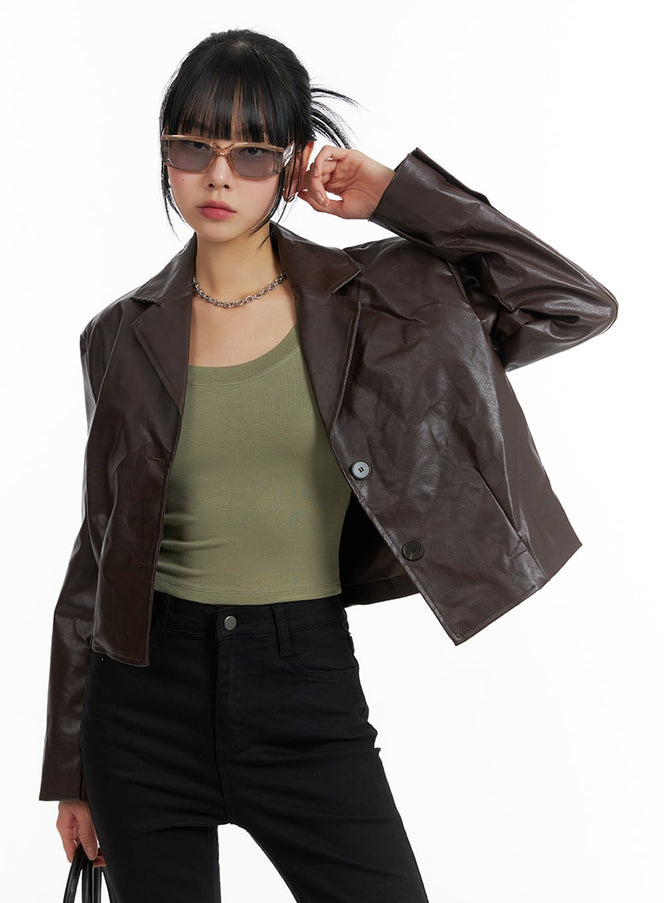 buttoned-crop-faux-leather-jacket-if402 / Dark brown