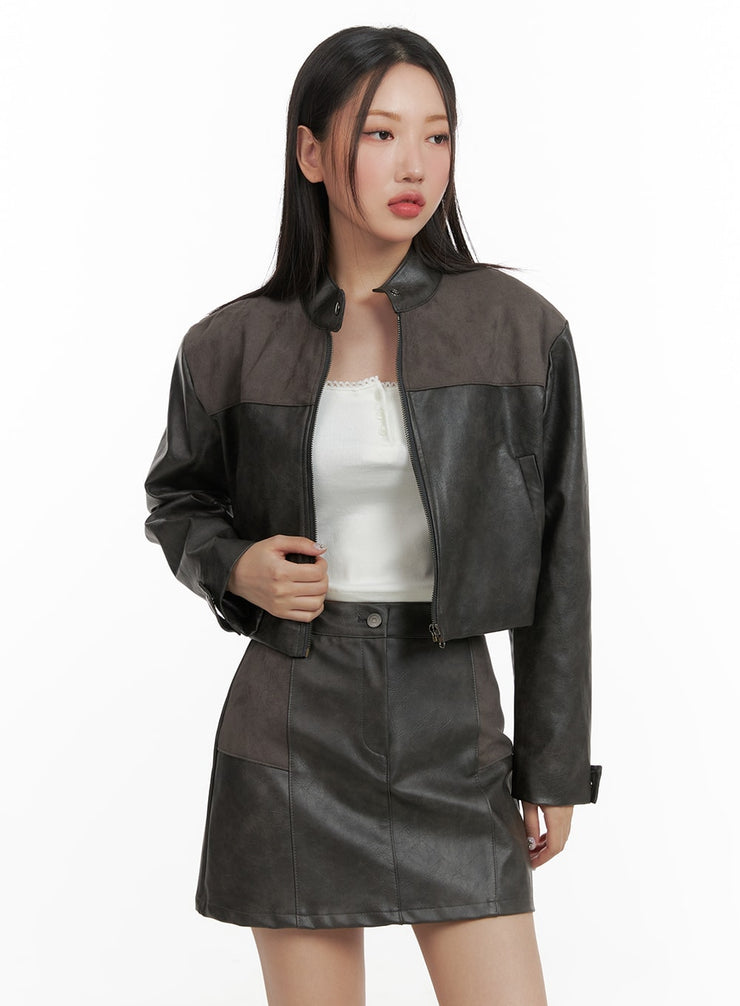 suede-mixed-texture-crop-jacket-ca415 / Dark gray