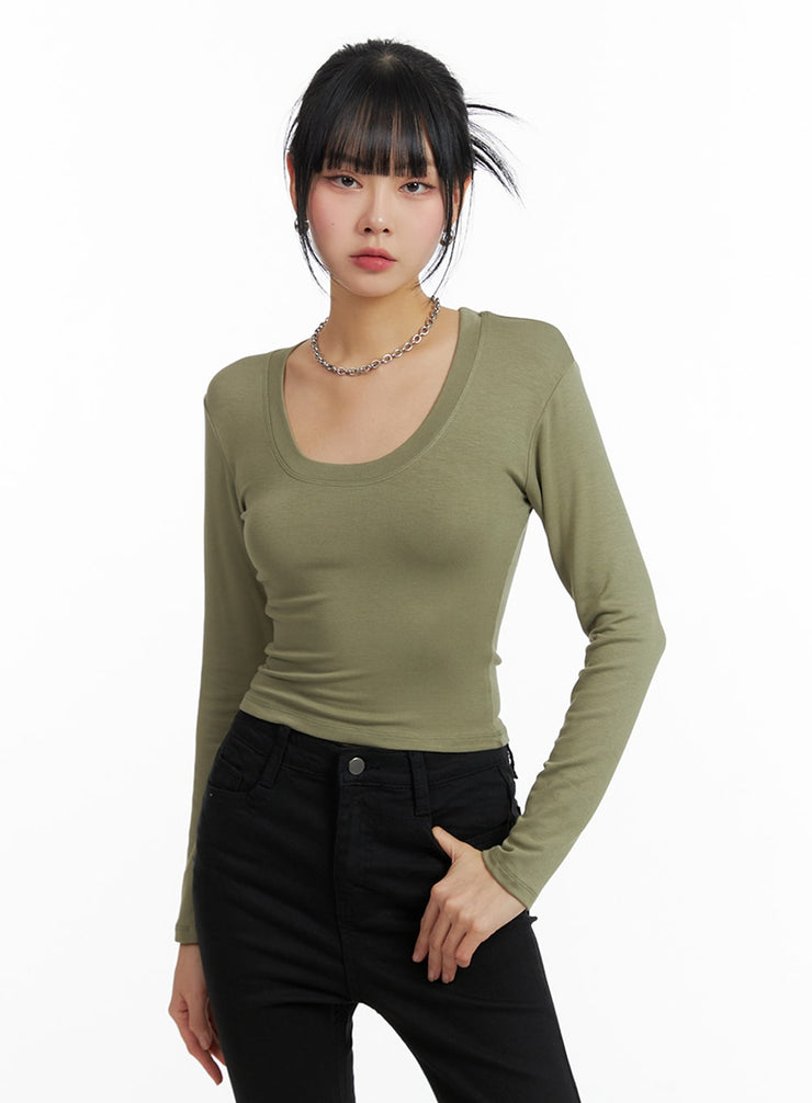 slim-fit-u-neck-crop-tee-if402 / Dark green