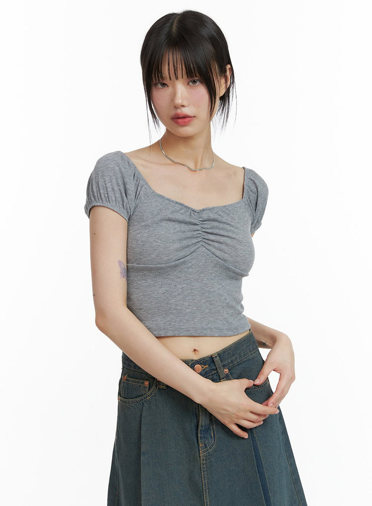 sweetheart-shirred-crop-top-cl403 / Gray