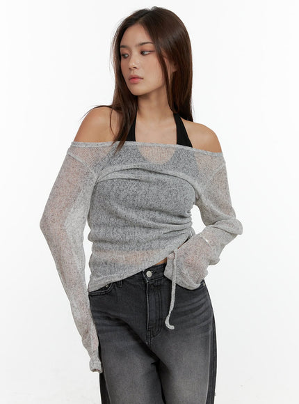 see-through-off-shoulder-long-sleeve-top-cl404 / Gray