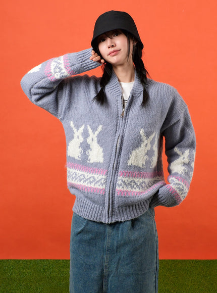 rabbit-zip-up-graphic-knit-sweater-of405 / Gray