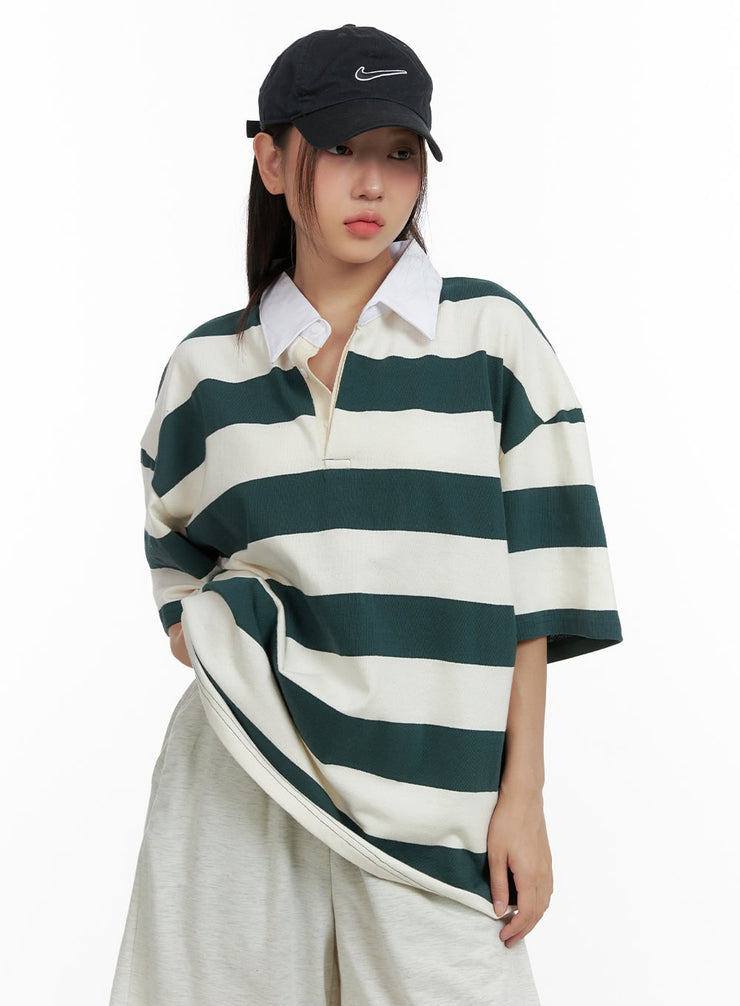 oversize-stripe-polo-top-ol408 / Green