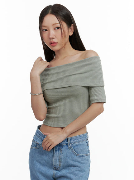 ribbed-off-shoulder-crop-tee-ol401 / Green