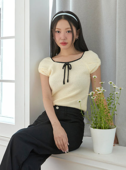 ribbon-cap-sleeve-knit-top-oy424 / Light beige