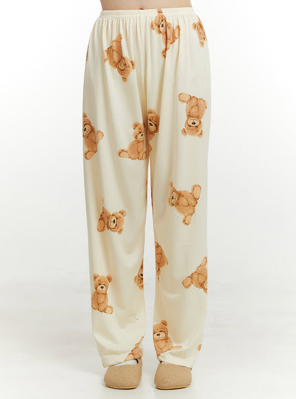 teddy-print-pajama-pants-ou414 / Light beige