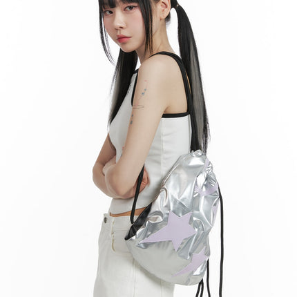 metallic-star-drawstring-backpack-om426 / Light gray