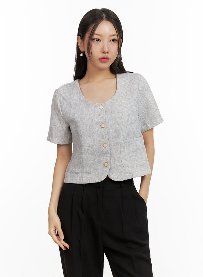 short-sleeve-buttoned-u-neck-jacket-ou407 / Light gray