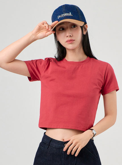 basic-round-neck-crop-tee-of406 / Red