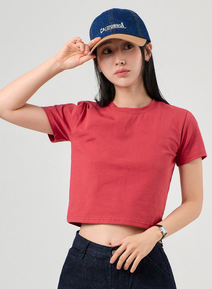 basic-round-neck-crop-tee-of406 / Red