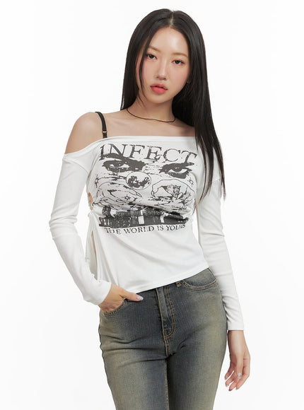 off-shoulder-graphic-slit-tee-cy420 / White