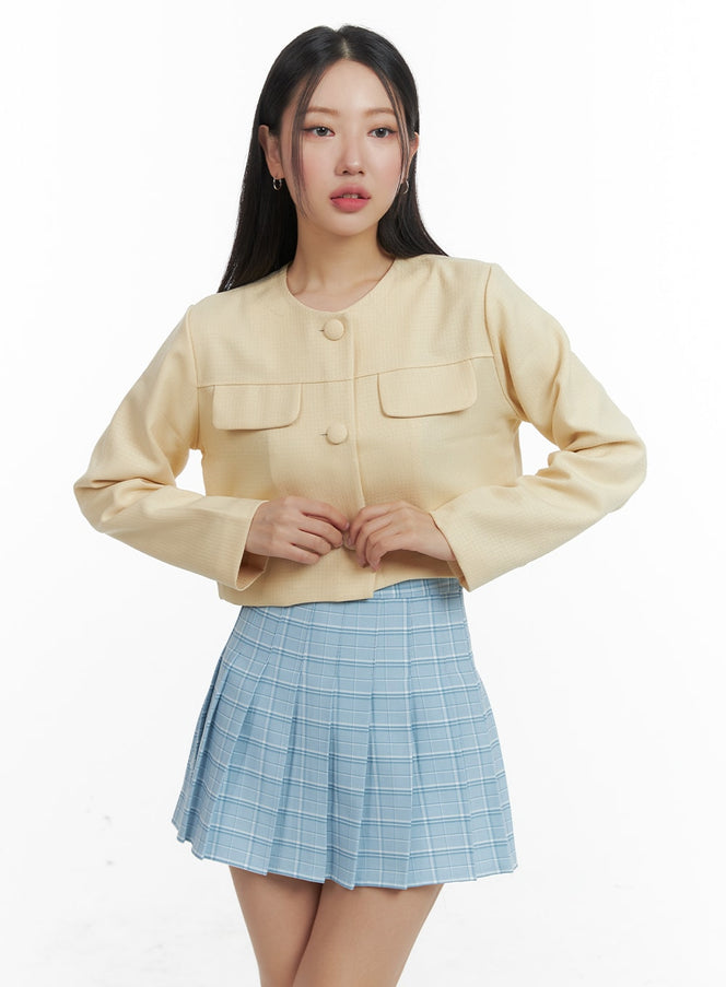 solid-collarless-crop-jacket-oa402 / Yellow