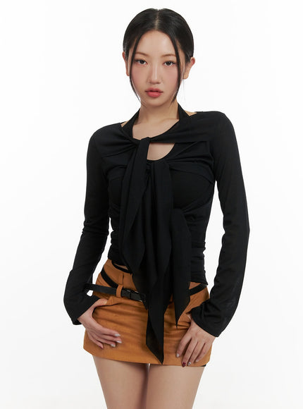 ribbon-strap-cut-out-long-sleeve-cy403 / Black