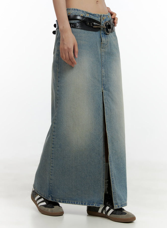 front-slit-denim-maxi-skirt-cl410 / Blue