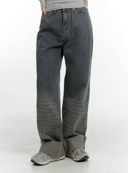 washed-straight-leg-roll-up-jeans-ca401 / Blue