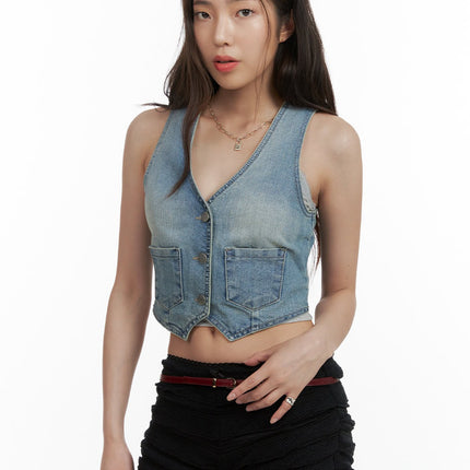 denim-v-neck-cropped-vest-cy416 / Blue