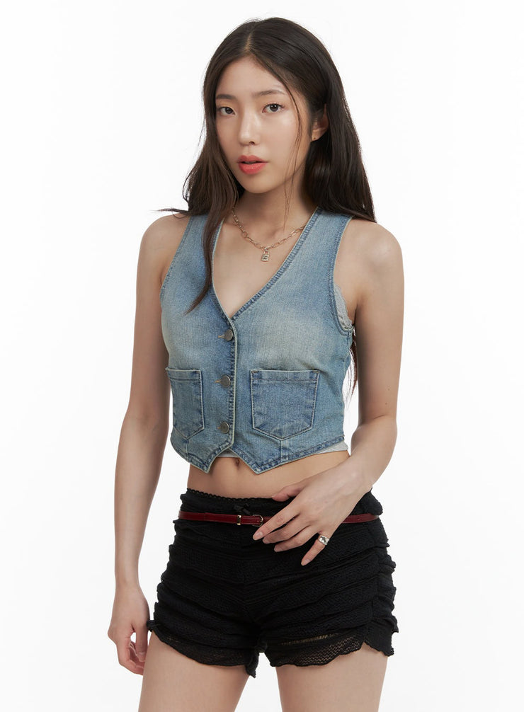 denim-v-neck-cropped-vest-cy416 / Blue