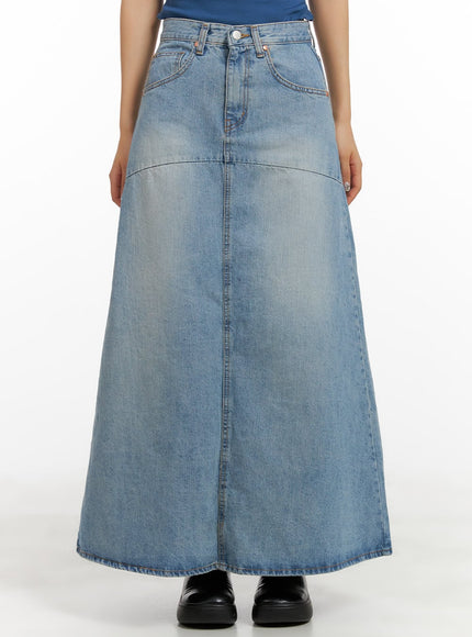 solid-denim-maxi-skirt-cy403 / Blue