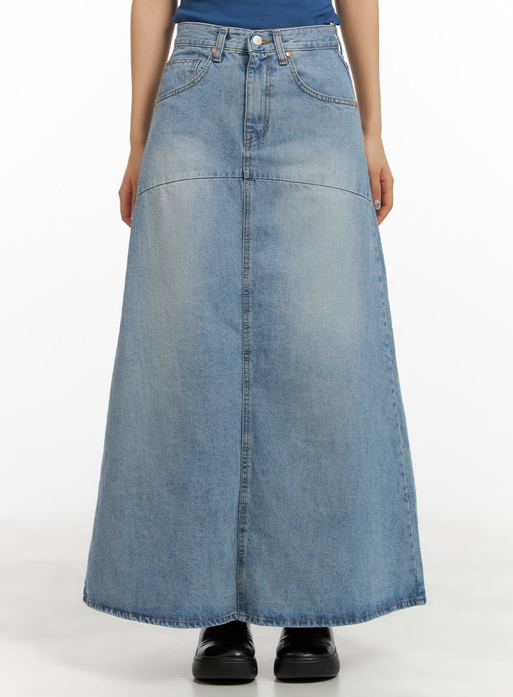 solid-denim-maxi-skirt-cy403 / Blue