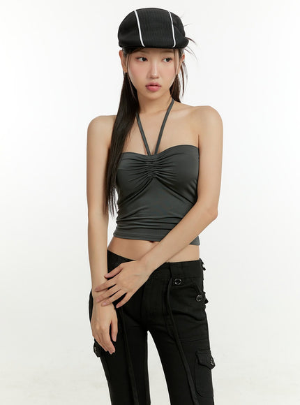 shirred-halter-crop-tube-top-cl401 / Dark gray