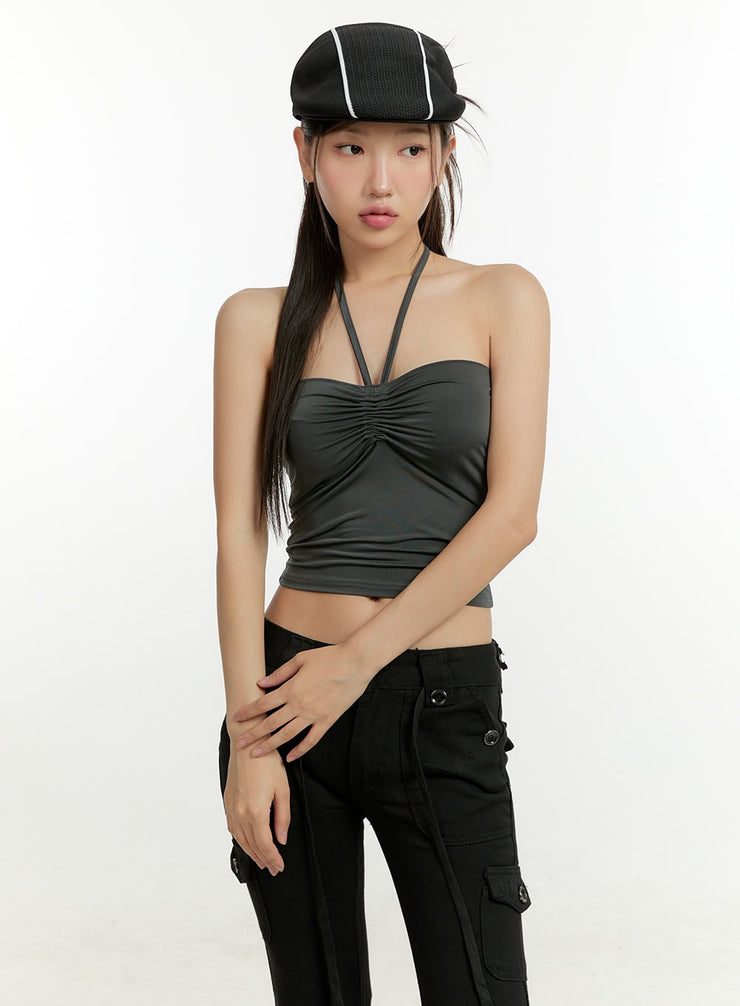 shirred-halter-crop-tube-top-cl401 / Dark gray