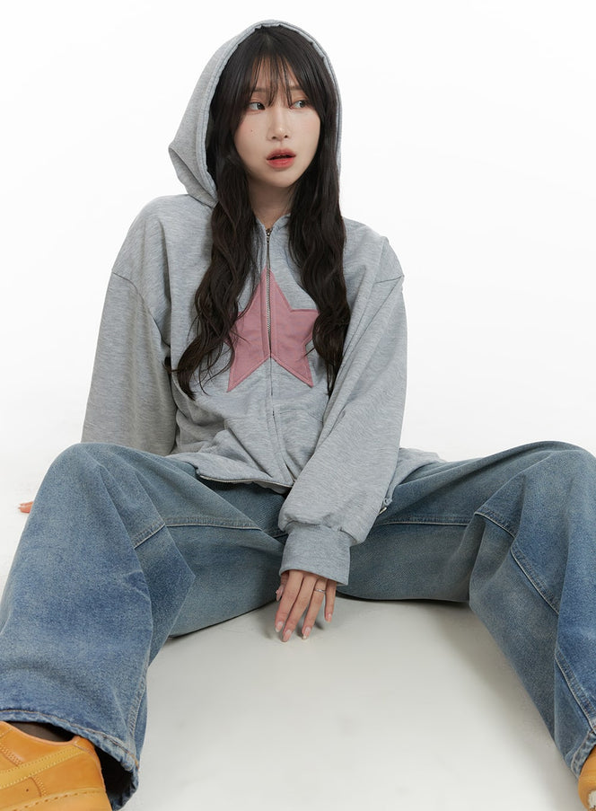 soft-graphic-star-zip-up-hoodie-ca408 / Gray