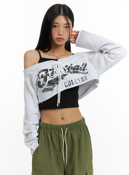 front-tie-off-shoulder-sweatshirt-ca423 / Gray