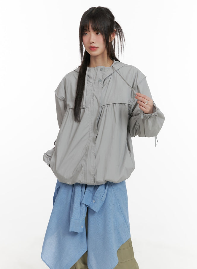 hooded-drawstring-oversized-windbreaker-ca418 / Gray