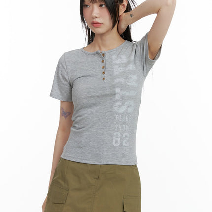 round-neck-button-cotton-tee-cl412 / Gray